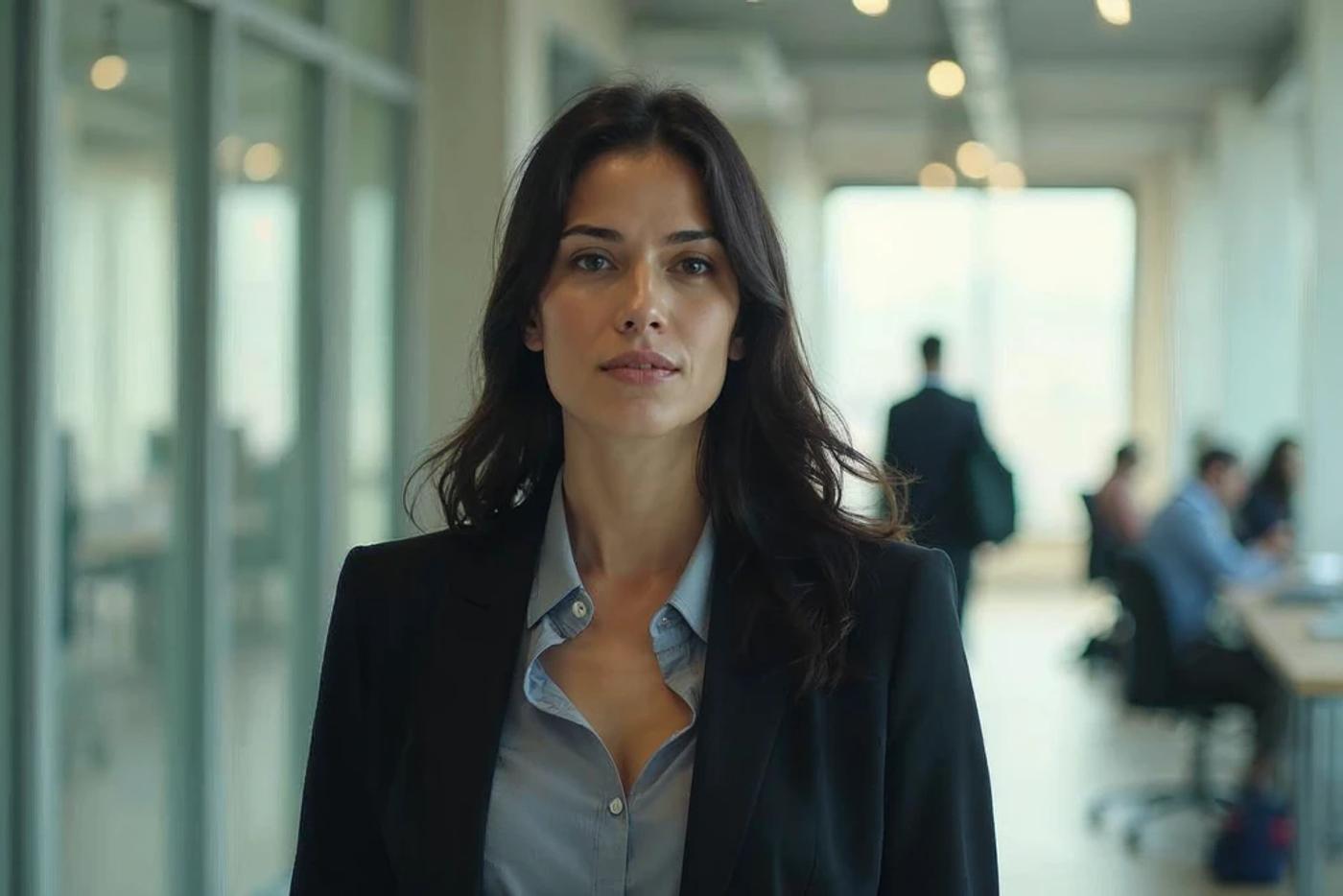 A woman walking confidently through a modern office