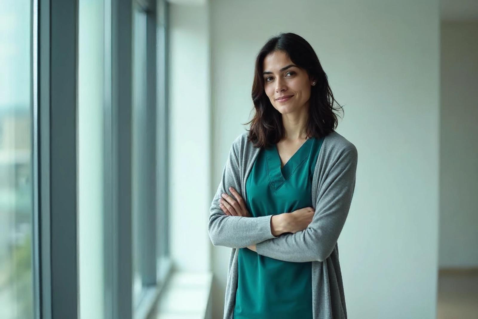 Physician founder in scrubs standing by an office window, representing physician entrepreneurship