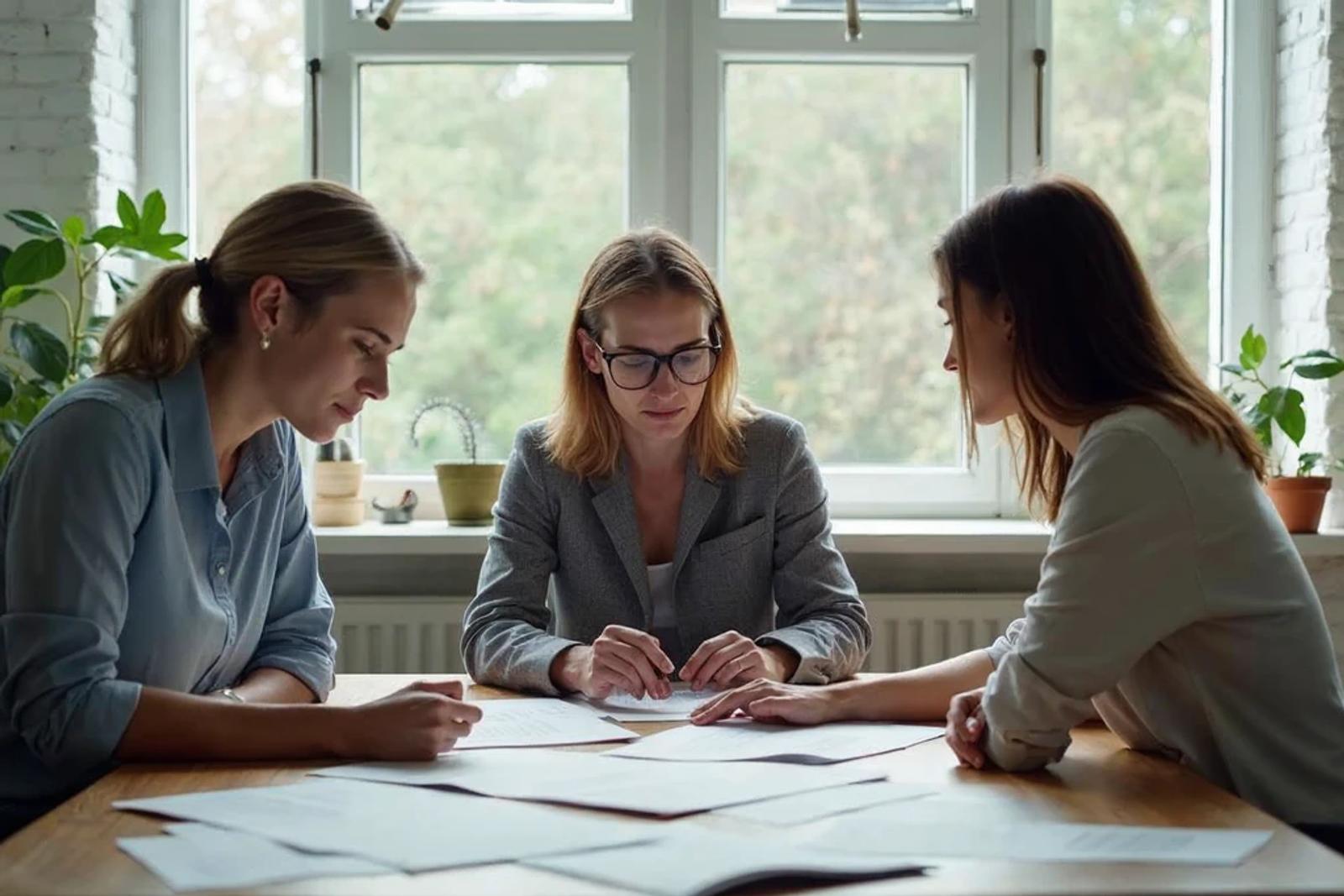 Three people reviewing printed documents together around a table, representing getting started as an angel investor