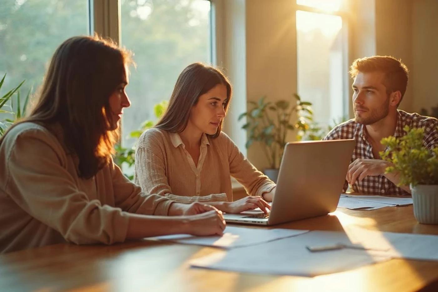 Three people reviewing documents and a laptop together, representing what is biotech investing in practice as a syndicate deal review