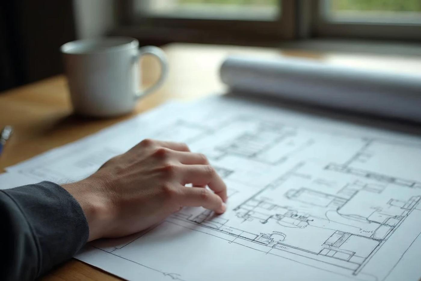 a hand reviewing an architectural blueprint on a table, representing research and property evaluation in real estate investing