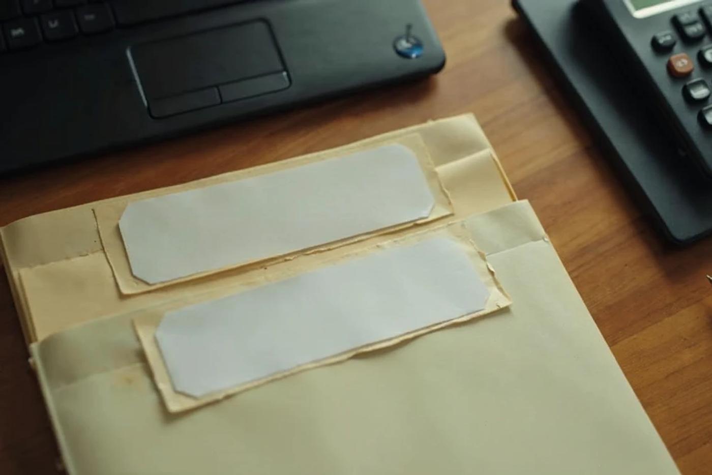 A hanging folder with blank labels beside a calculator, representing tax and fee organization