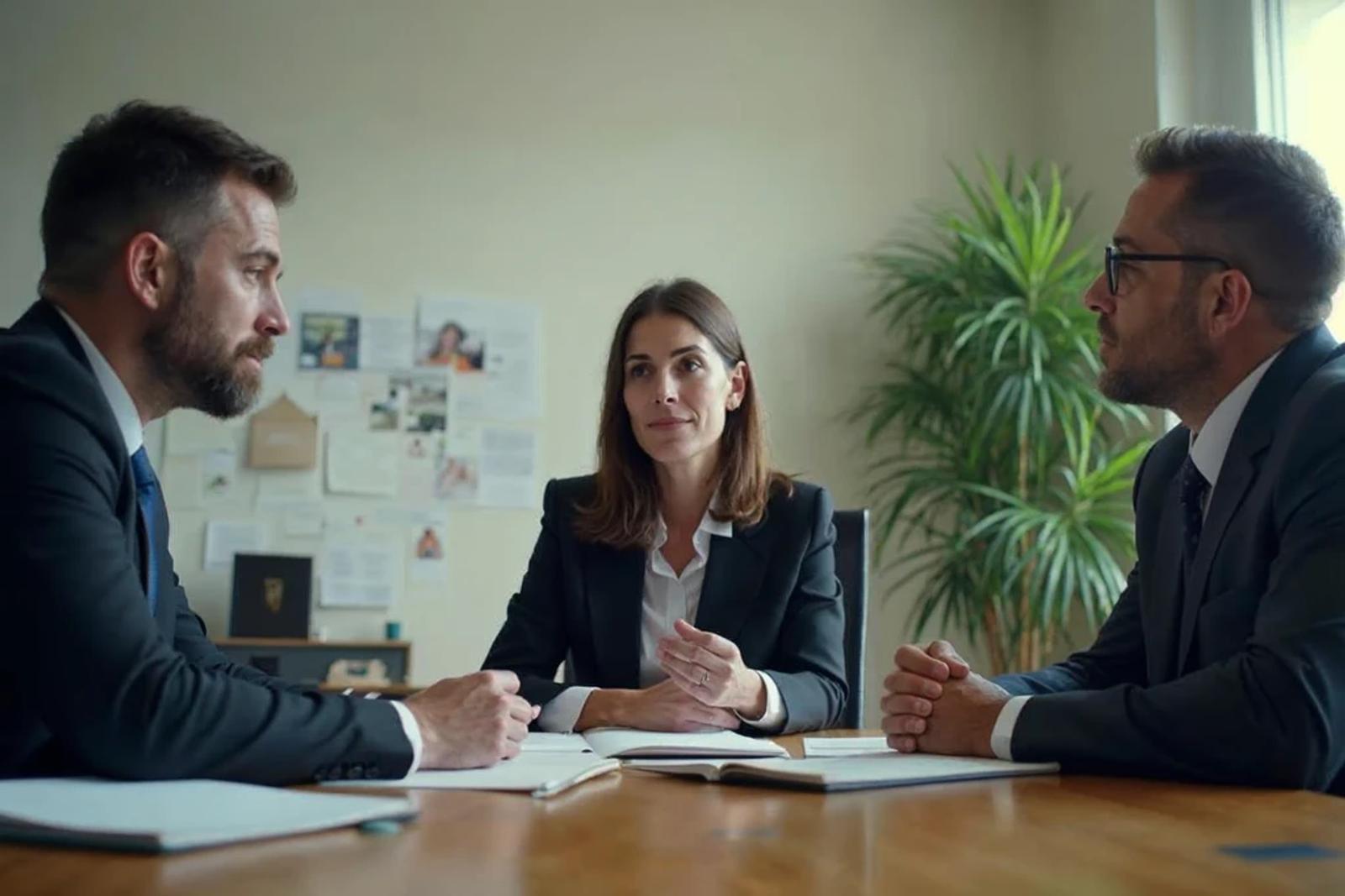 Three people in a boardroom-style meeting discussing an investment, representing venture capitalist vs angel investor decision-making