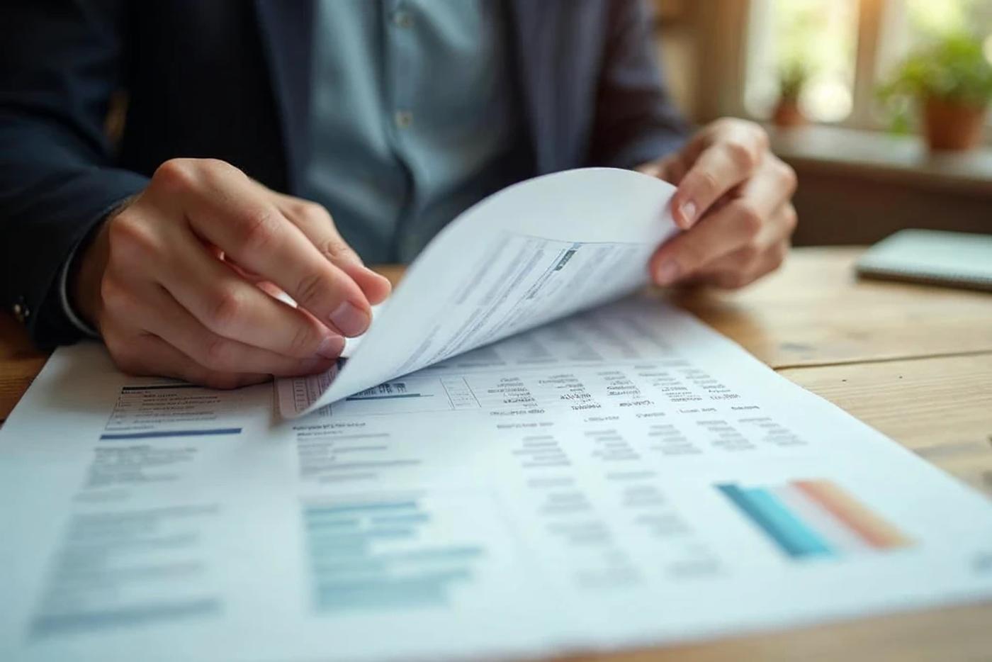 A hand turning the page of a printed financial plan during a review