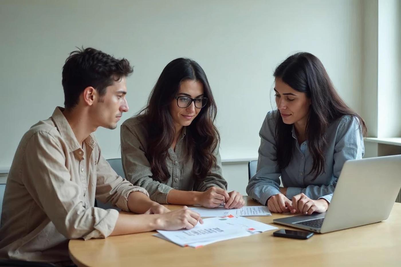 Three investors reviewing documents together during an early-stage syndicate meeting