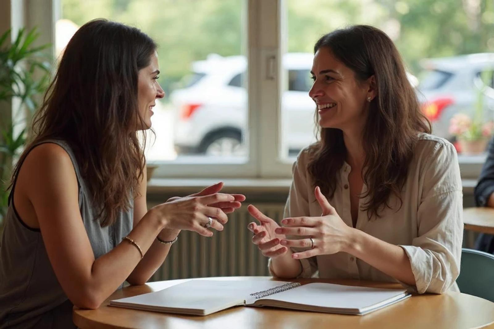 Two women discussing an investing plan over an open notebook