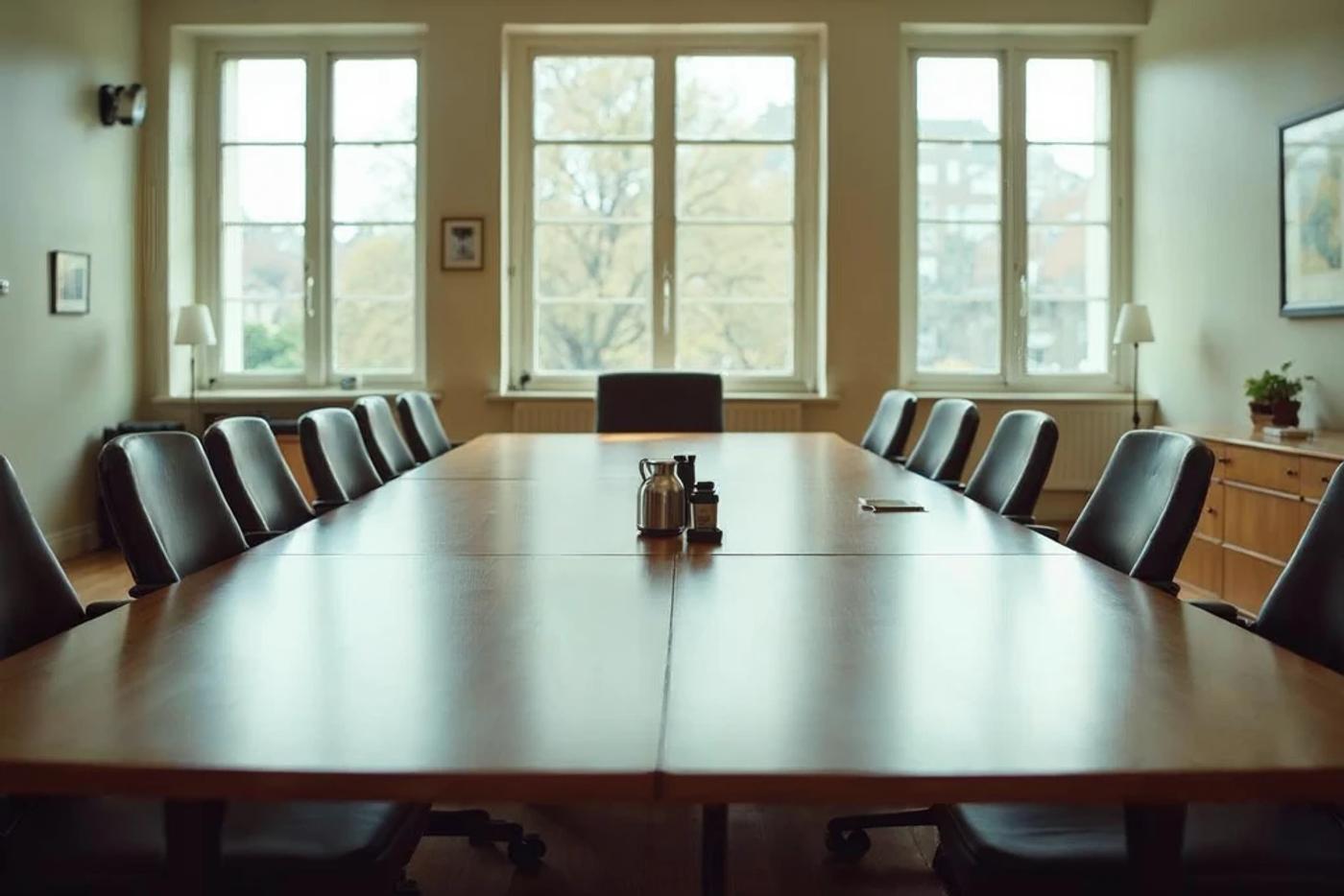 An empty boardroom table, representing the governance and board involvement that often comes with venture capital