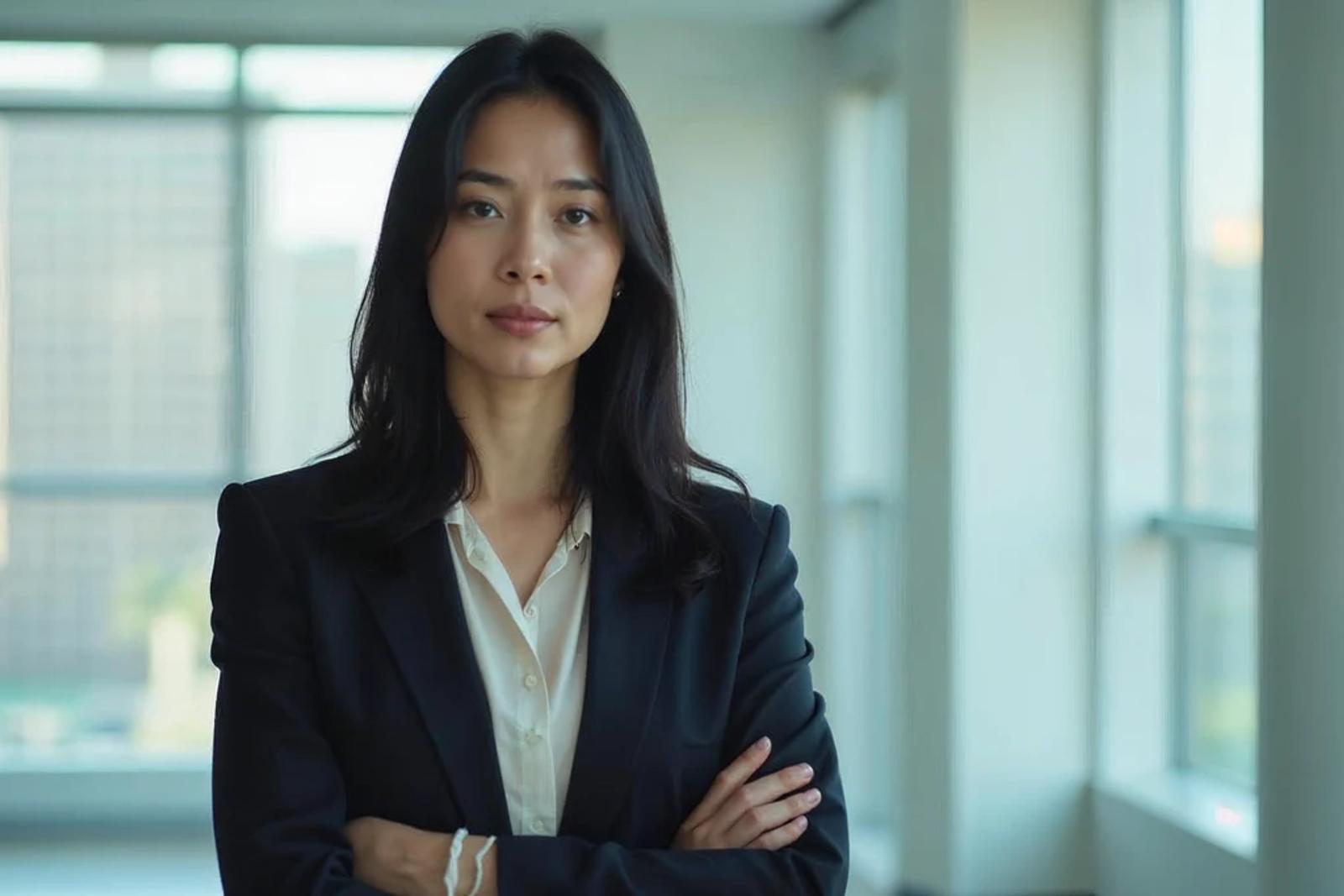 A confident woman standing in a bright modern office, representing women entering angel investing