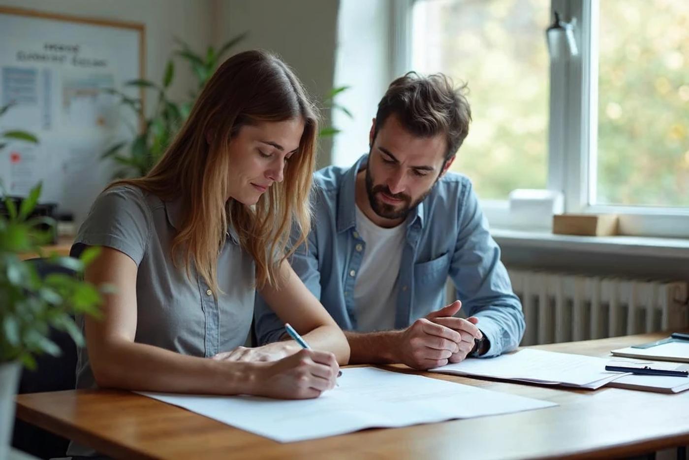 Two people reviewing investment documents together at a desk