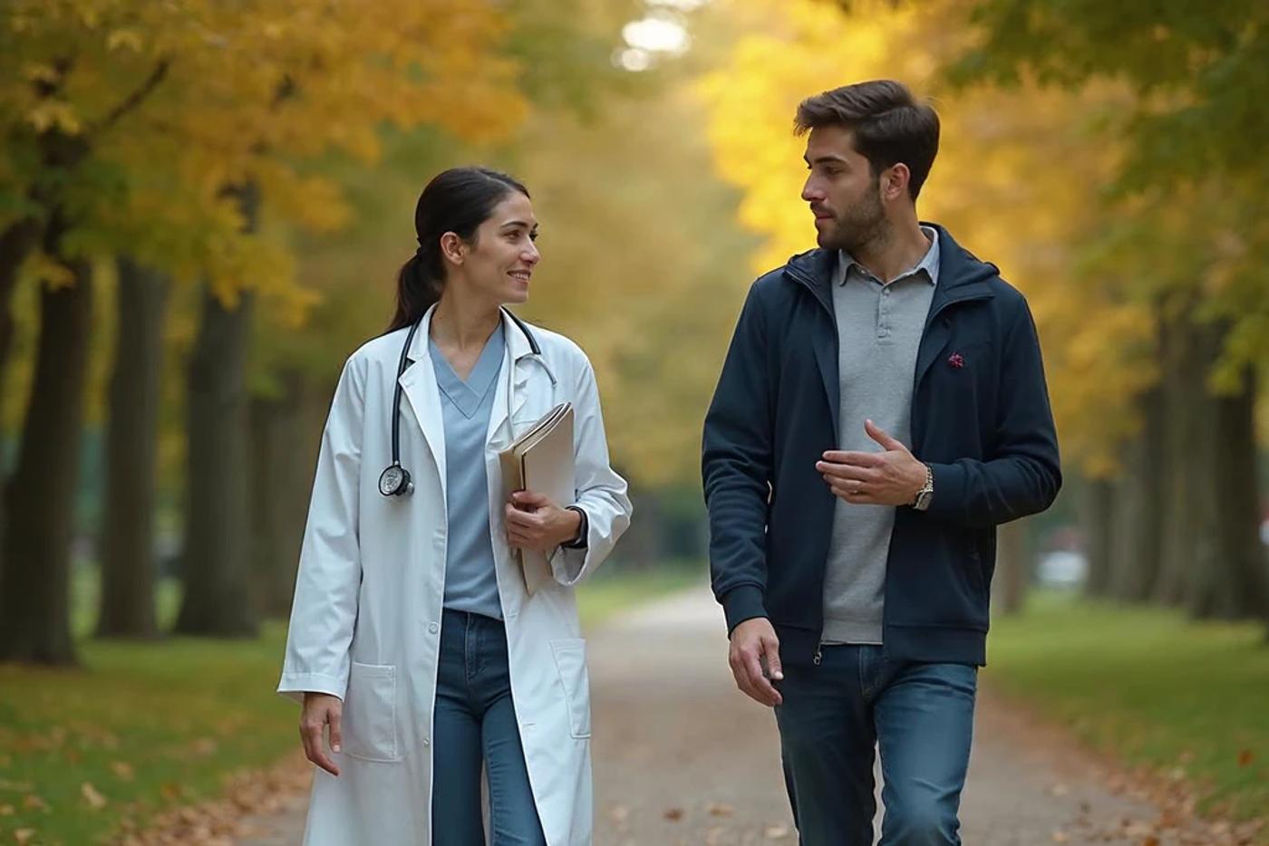 Physician walking with a startup founder in a park during a physician consulting conversation