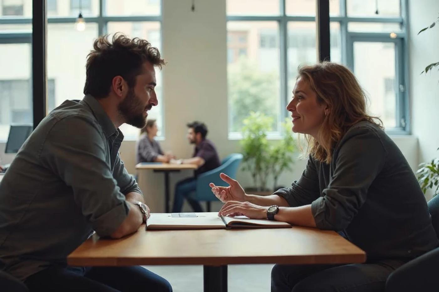 Two people in conversation at a table during an early-stage investment discussion