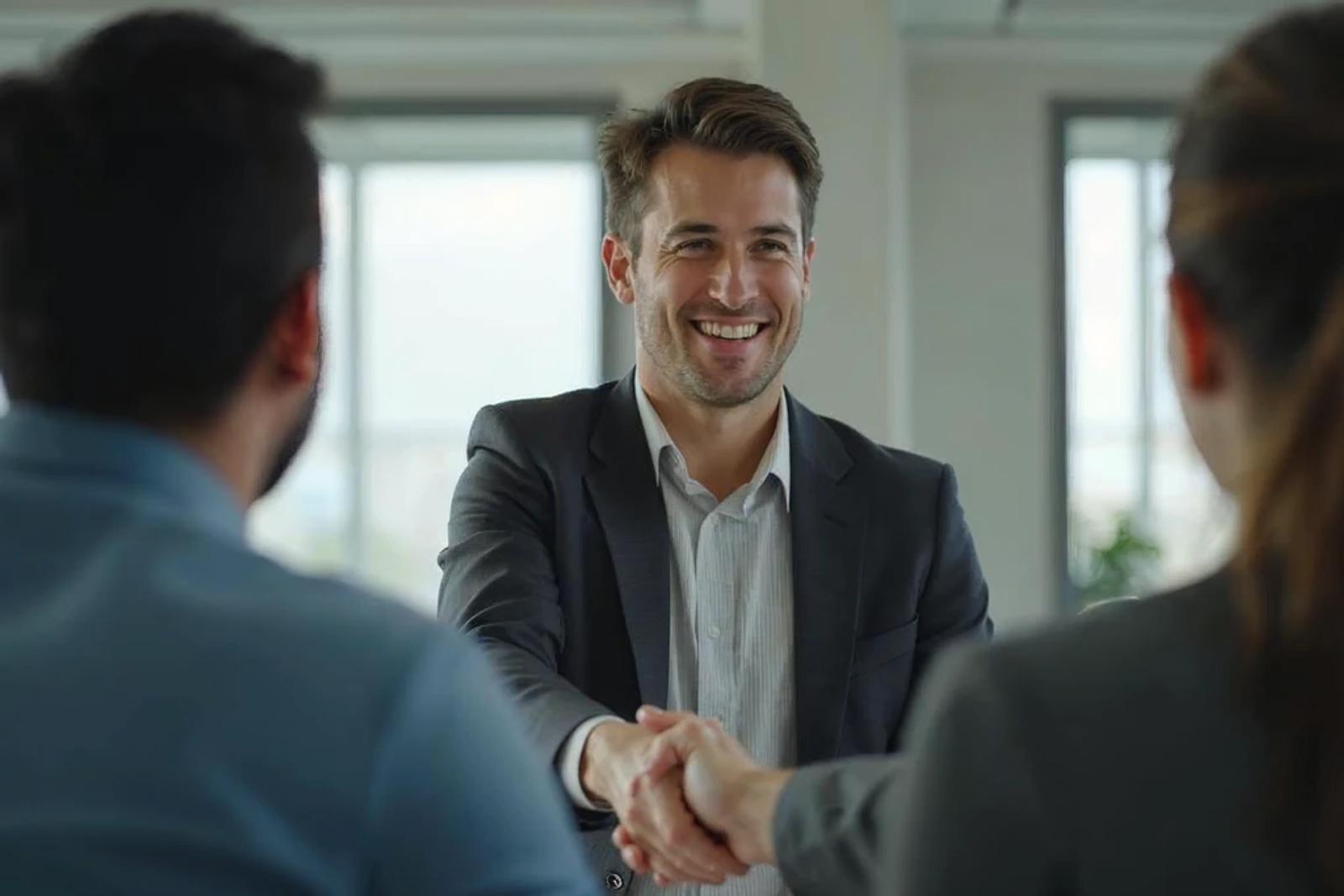 Two professionals shaking hands after closing an investment syndicate deal