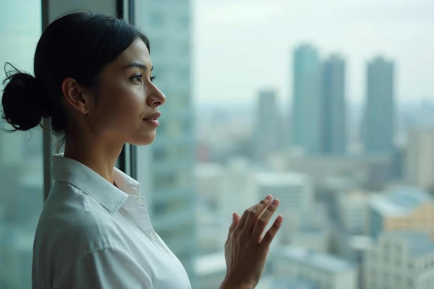 A woman looking out over a city skyline in thought