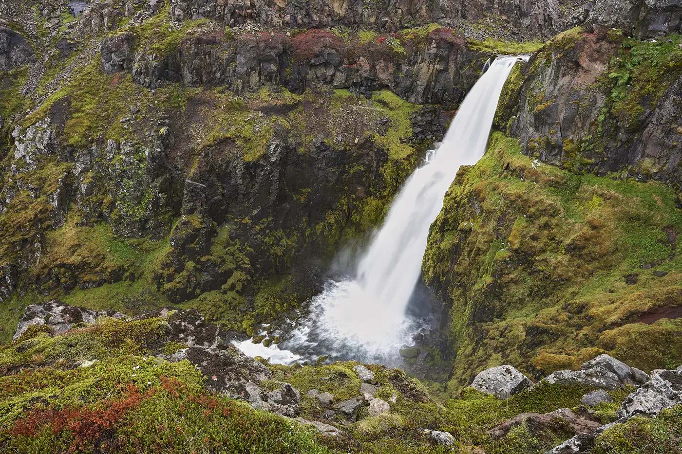 Ein schmaler hoher Wasserfall vor grüner Felswand