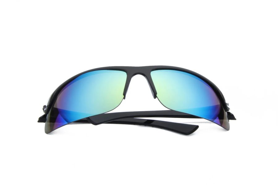 Rear view of blue mirrored curved lenses on black DM-502 sports sunglasses