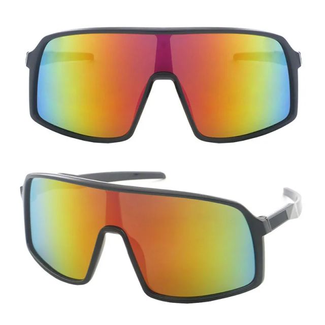 Black DM-599 oversized shield skiing sunglasses with red gold mirrored lens shown from front and angled views