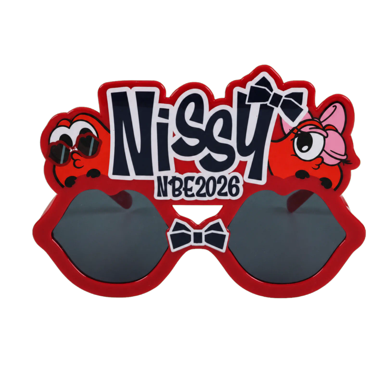 Finished red logo-shaped sunglasses developed for the Japanese client