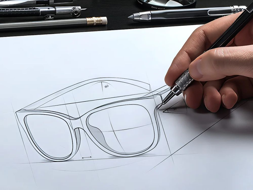 Initial sunglasses design brief and product sketch