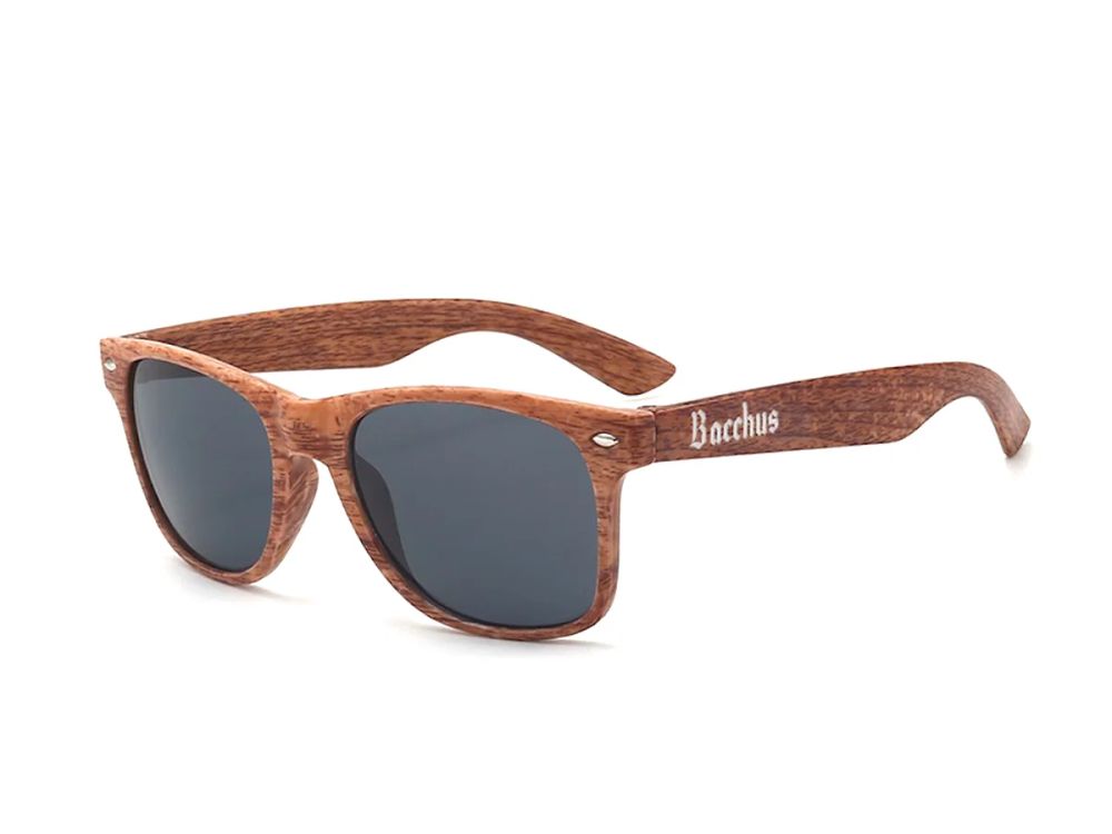 Promotional sunglasses with a wood-grain frame finish