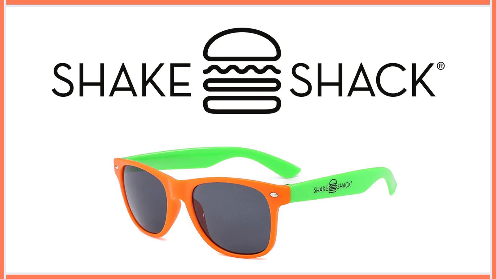 Black logo artwork above orange and green sunglasses with a printed temple logo