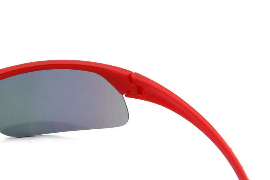 Lens edge and hinge connection detail on red DM-502 sports sunglasses