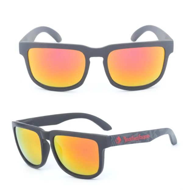 Black DM-538 trail running sunglasses with orange mirrored lenses shown from front and angled views with sample temple branding