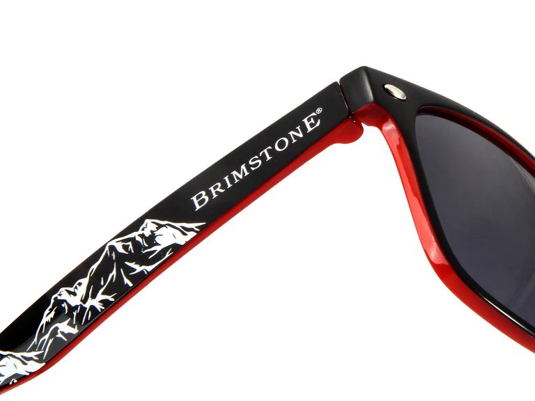 Full-color custom logo graphic applied to a sunglasses temple