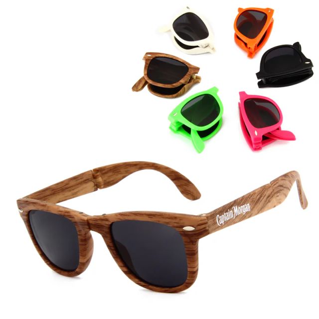 DM-513 foldable sunglasses in wood-grain finish with compact folded color options
