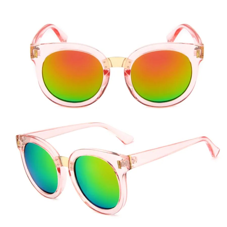 DMKIDS-529 translucent pink kids fashion sunglasses with mirrored lenses in two views