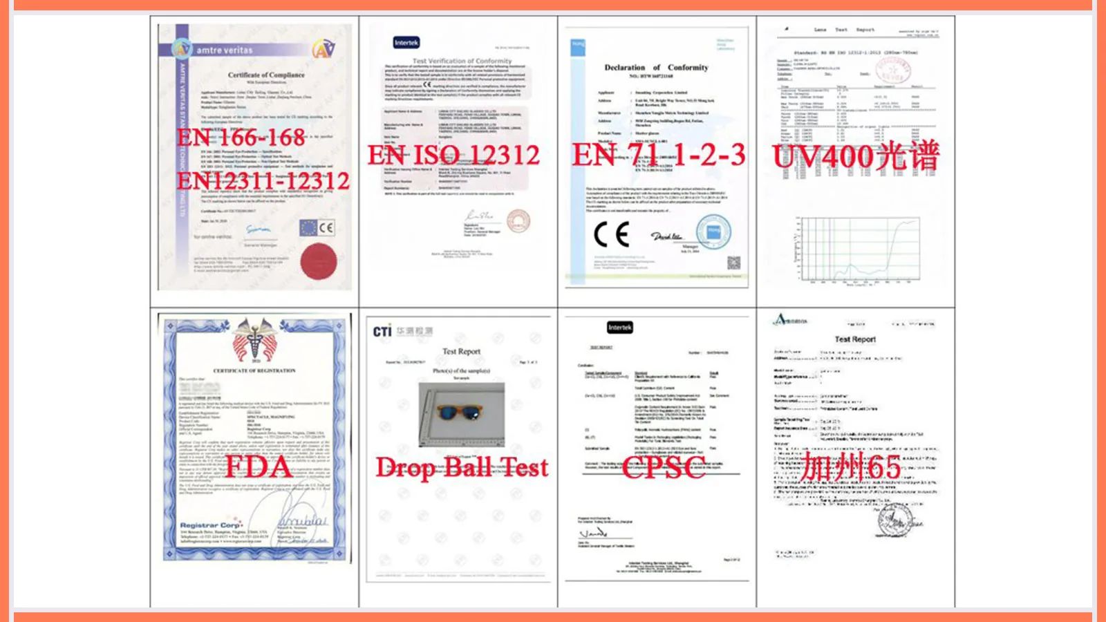 Grid of eyewear compliance certificates and test reports shown as examples for document review