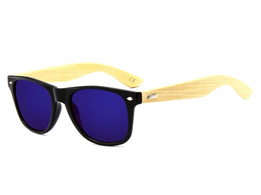 Small custom logo at the tip of a sunglasses temple