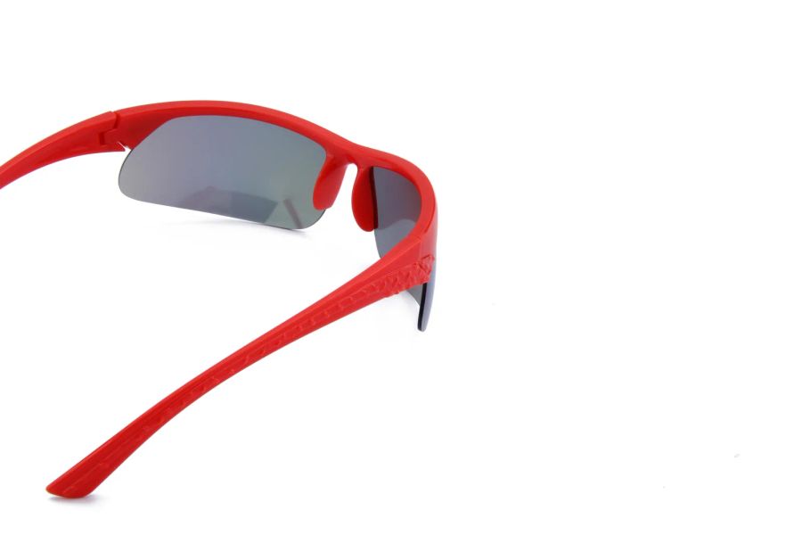 Side profile and curved temple detail of red DM-502 sports sunglasses