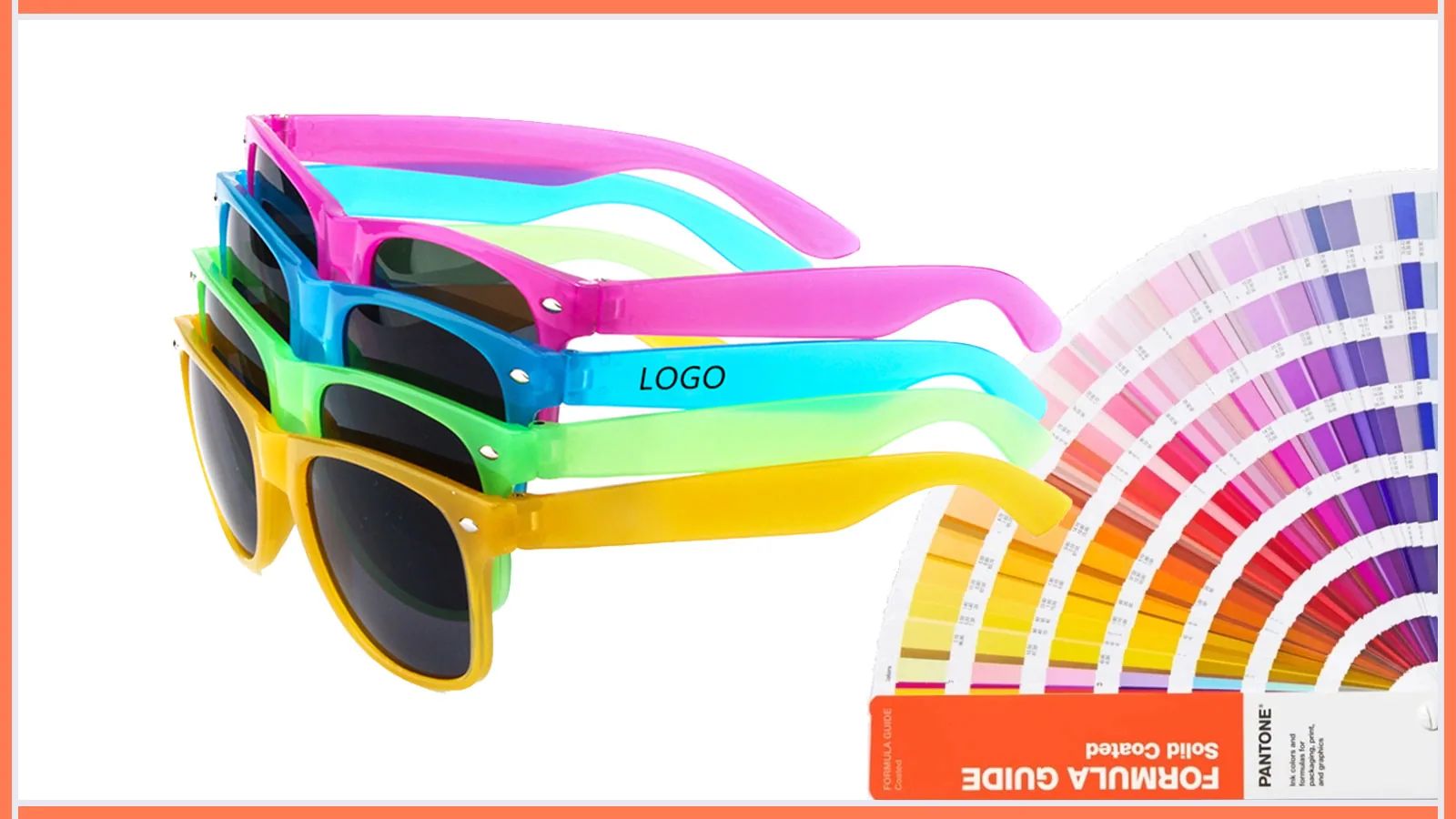 Colorful sunglasses beside a Pantone color guide for production color matching