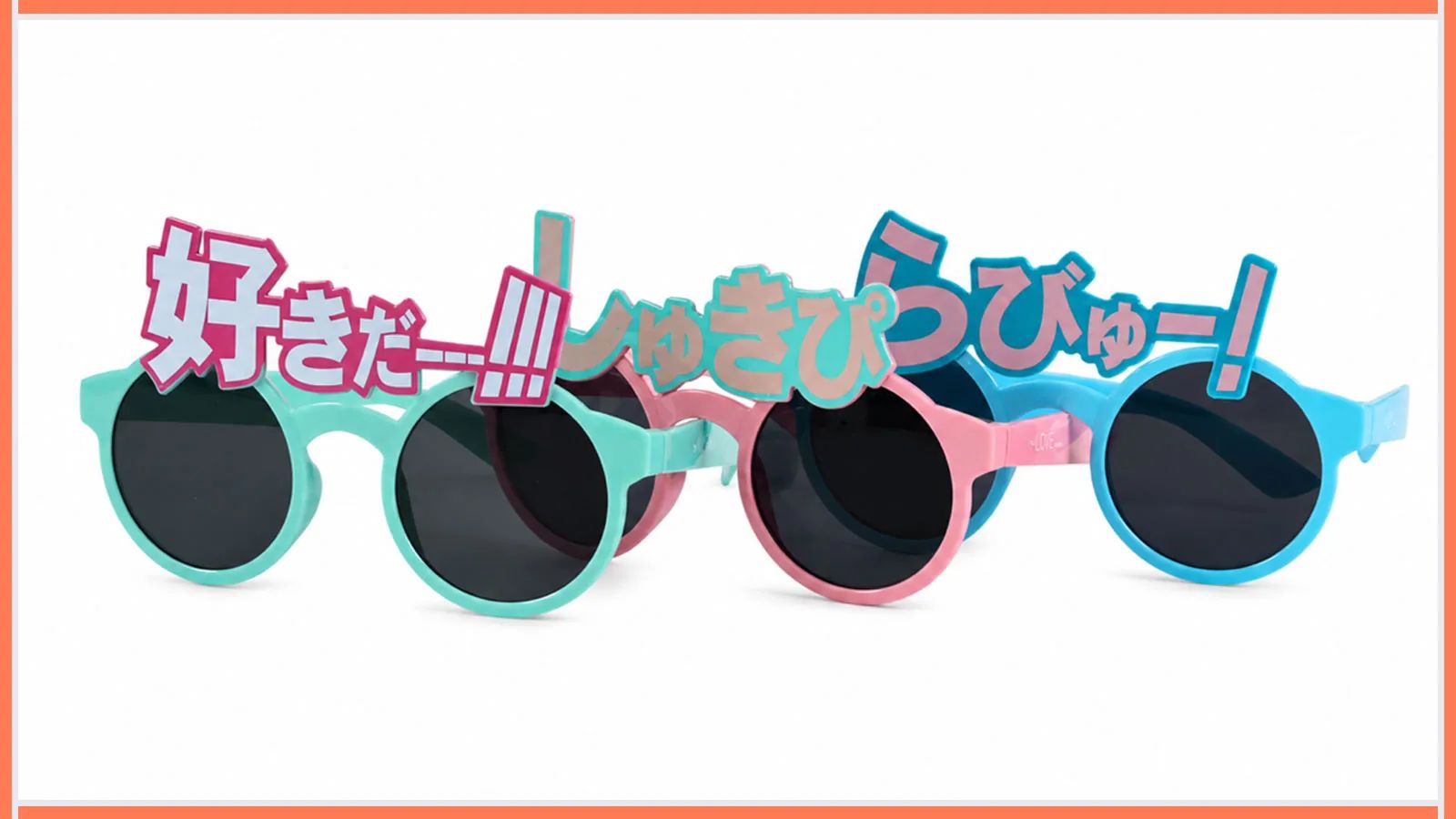 Mint, pink and blue round promotional sunglasses with oversized Japanese slogan toppers