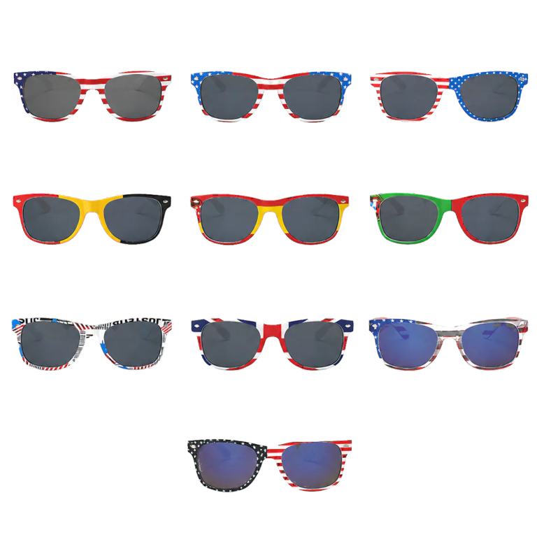 Promotional flag sunglasses produced in multiple country designs for sports-event giveaways