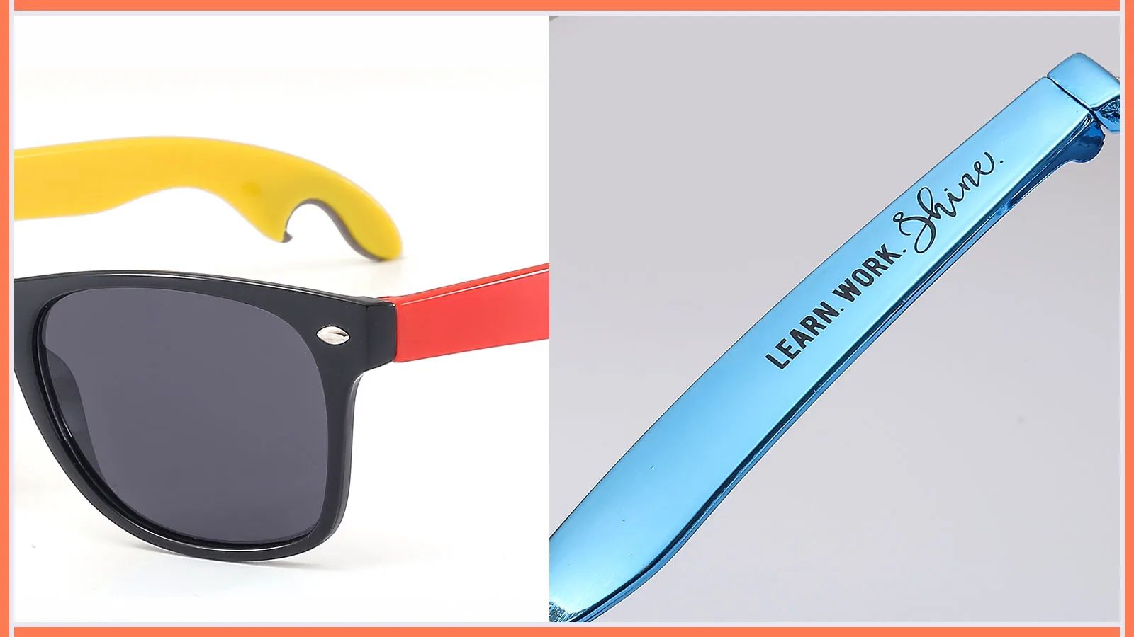 Split view of colorful sunglasses frames and a blue temple printed with Learn Work Shine
