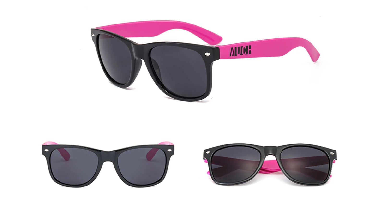 Black promotional sunglasses with pink temples and a printed logo