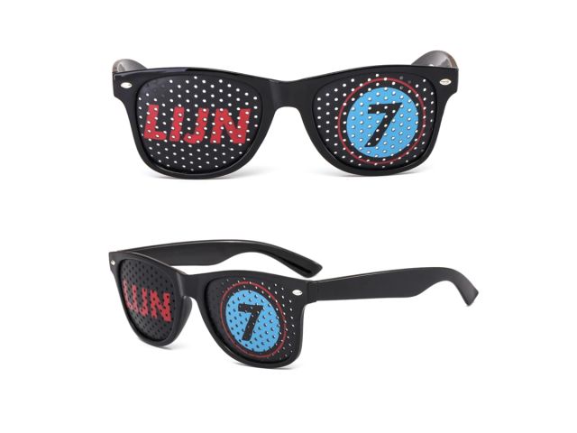 Custom pinhole sunglasses DM-580 in front and angled views