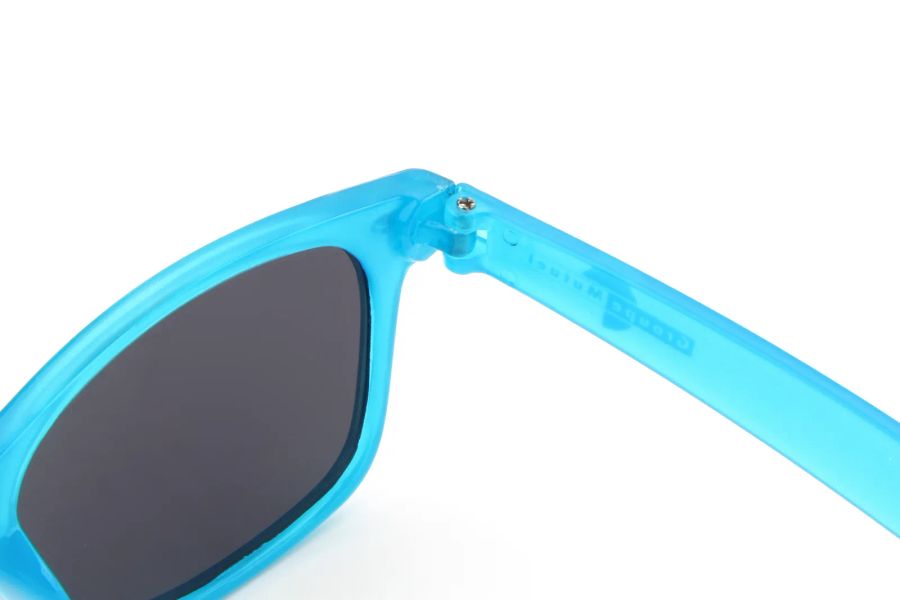 Hinge detail on blue glow-in-the-dark sunglasses DM-501