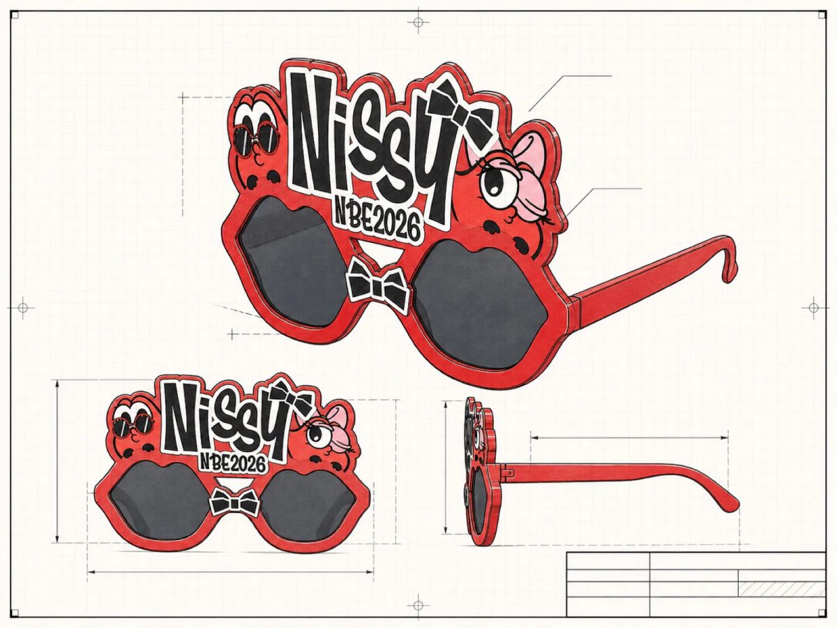 Approved color drawing showing front, perspective and side views of the custom sunglasses