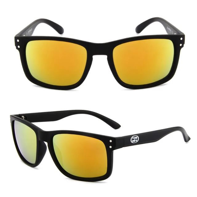 Black DM-524 sports sunglasses with gold reflective lenses shown from front and angled views with sample temple logo