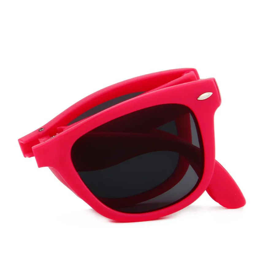 Red DM-513 sunglasses folded into a compact shape