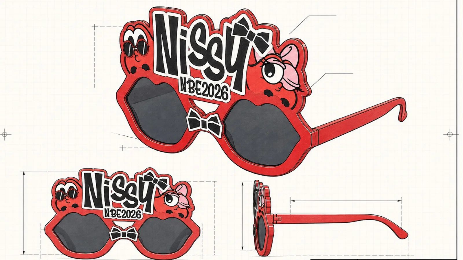 Approved custom logo-shaped sunglasses design shown from front and side views