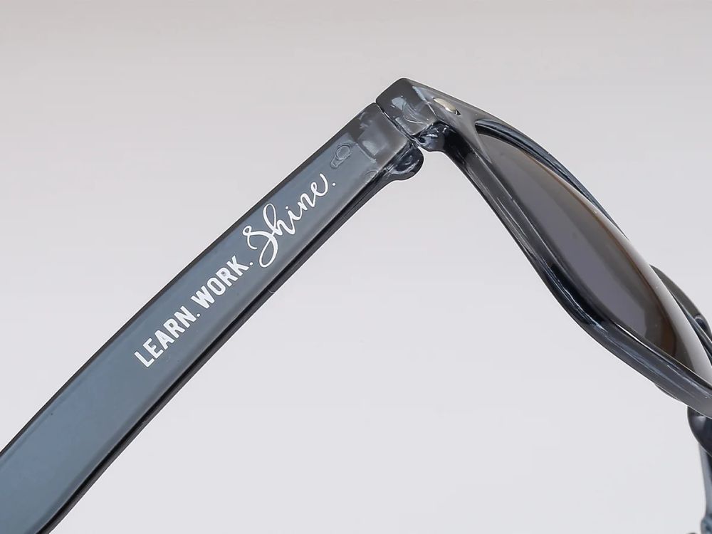 Pad-printed logo on a sunglasses temple