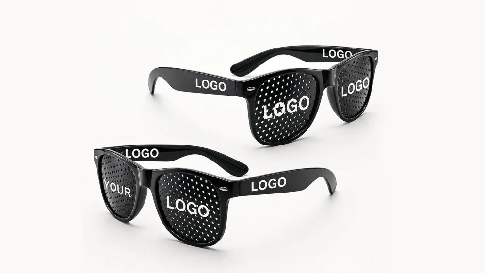 Black custom sunglasses showing logo applications on the temples and pinhole lenses