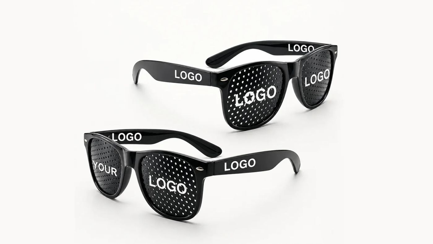Black custom sunglasses showing logo applications on the temples and pinhole lenses