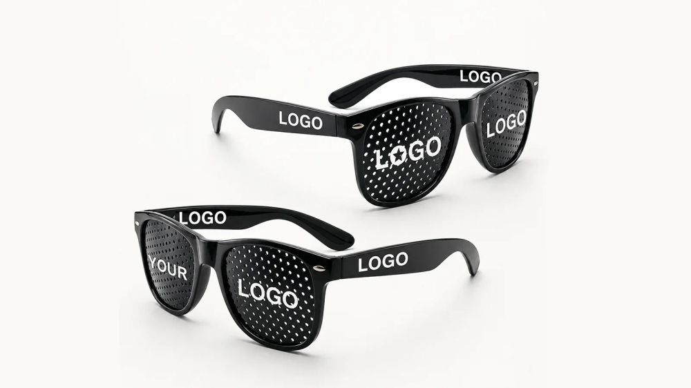 Black custom sunglasses showing logo applications on the temples and pinhole lenses
