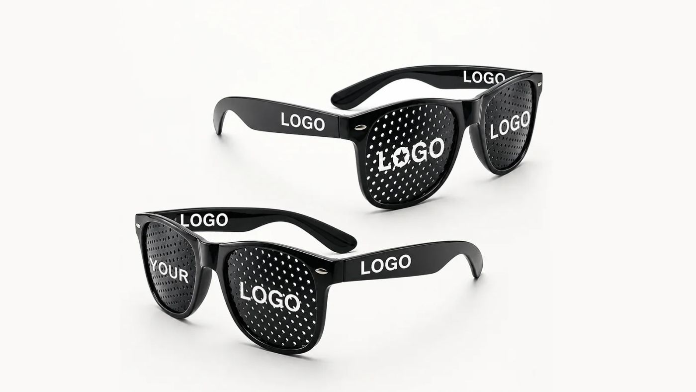 Black custom sunglasses showing logo applications on the temples and pinhole lenses