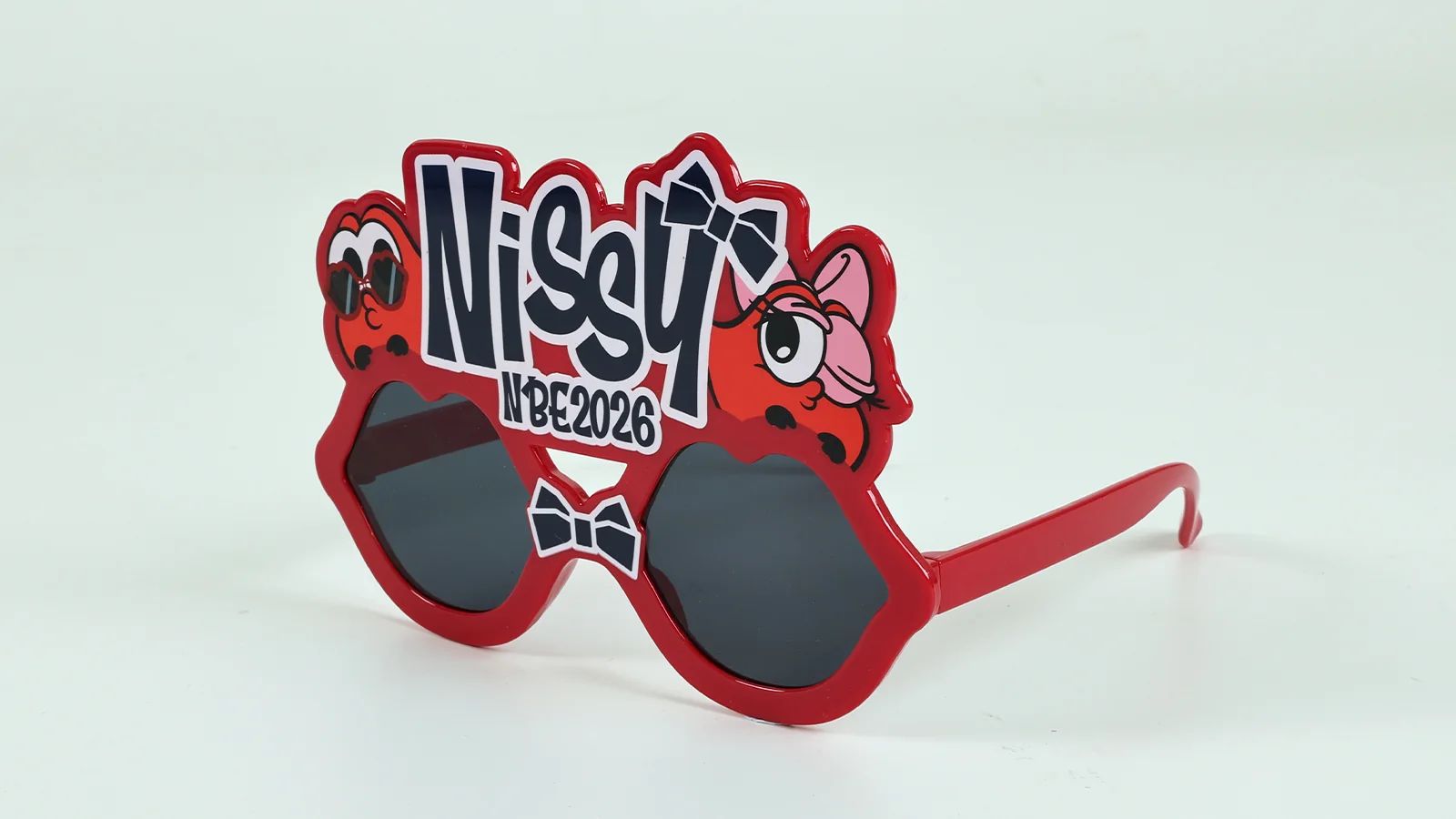 Fully customized red logo-shaped sunglasses developed for a Japanese client