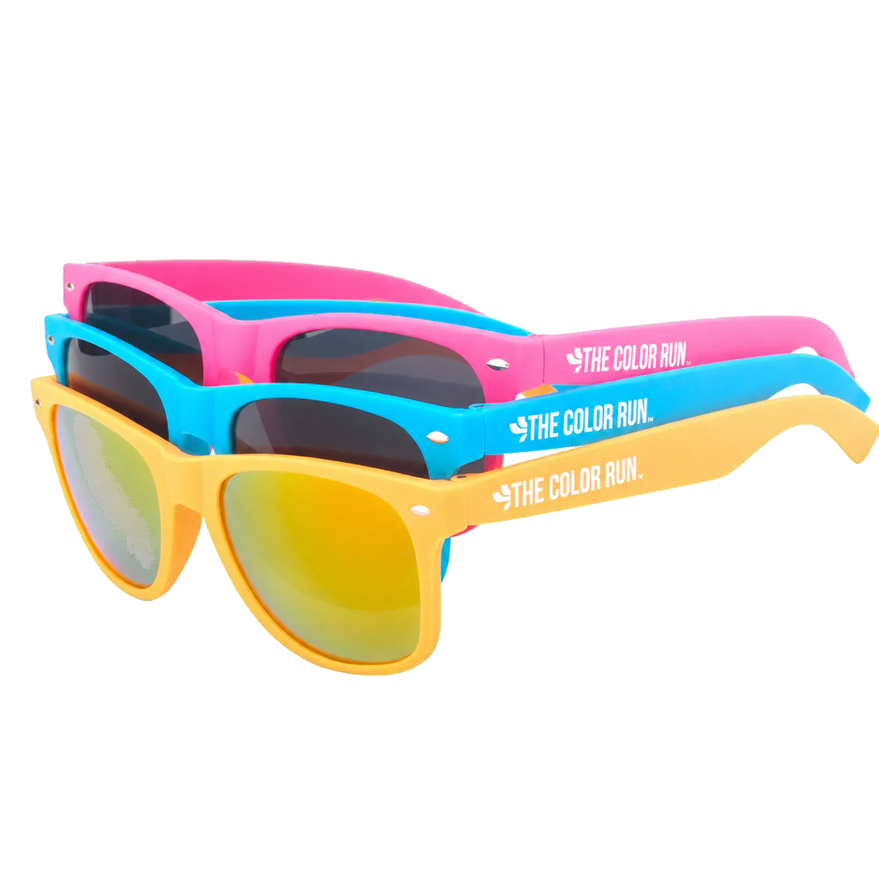 Three stacked promotional sunglasses in yellow, blue and pink frames